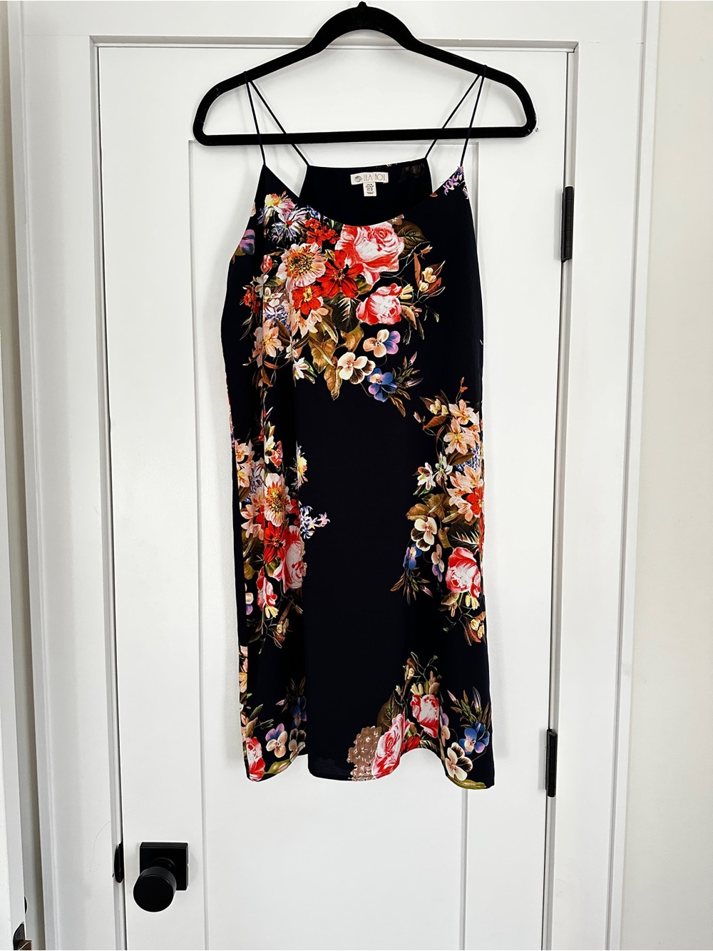 Lila Rose Black Mini Skirt with Red Pink Floral Print